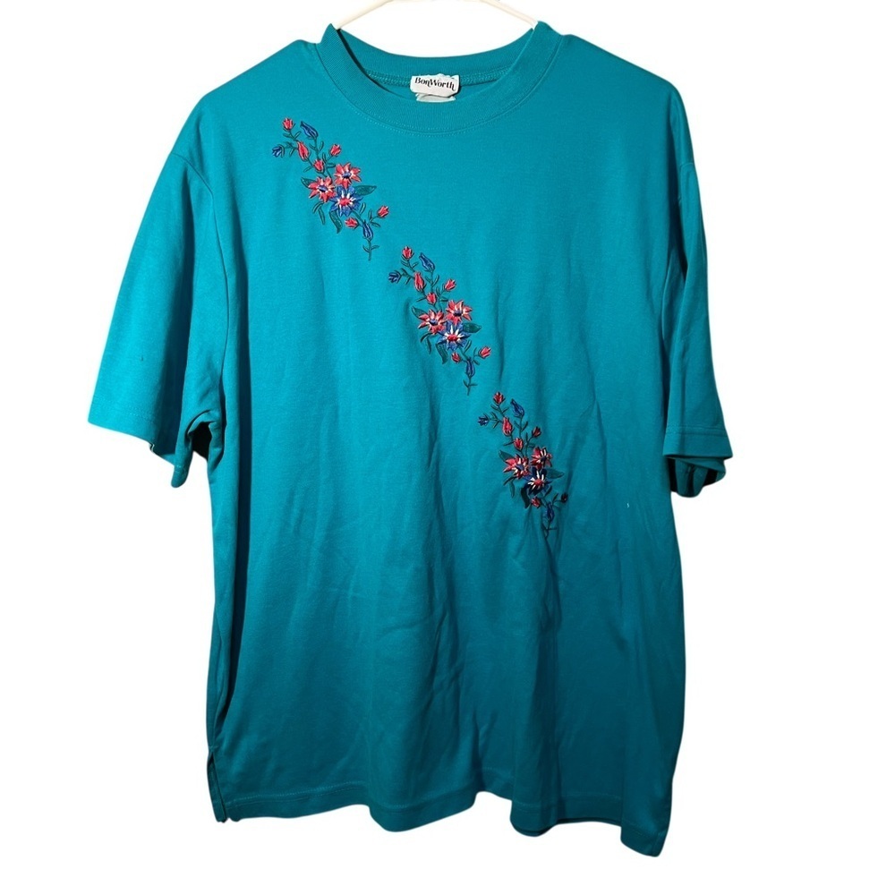 Vintage BonWorth Womens T-Shirt Teal Blue Green Embroidered Floral Diagonal Mock